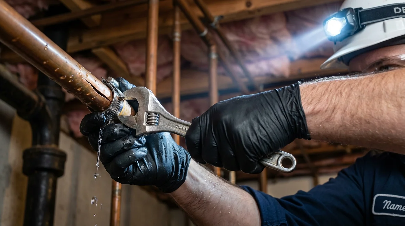 Emergency pipe clamp repair being performed by a Johns Plumbing LLC plumber in Maywood