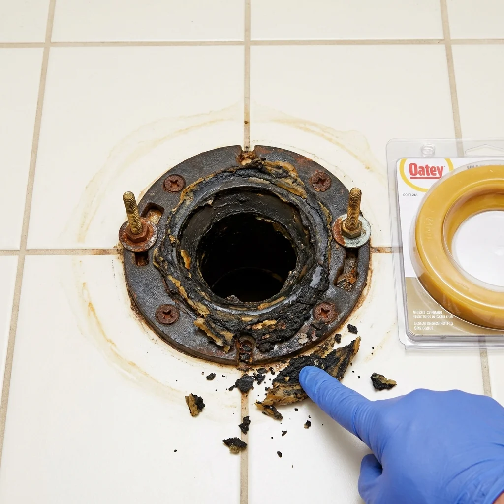 Failed wax ring showing water seepage at the base of a toilet in a Maywood, NJ home