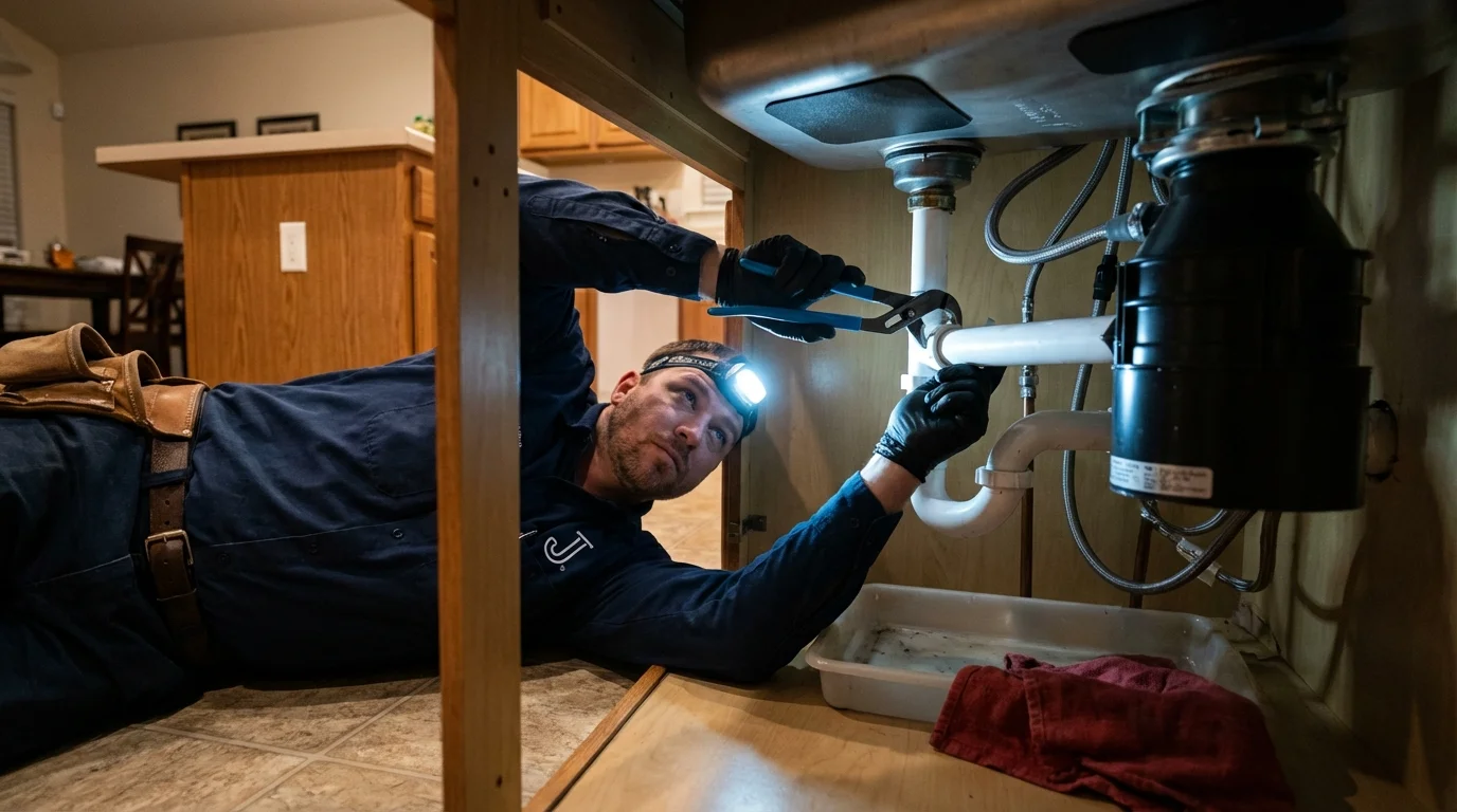 P-trap and supply line connections under a kitchen sink showing a common leak point in Maywood, NJ